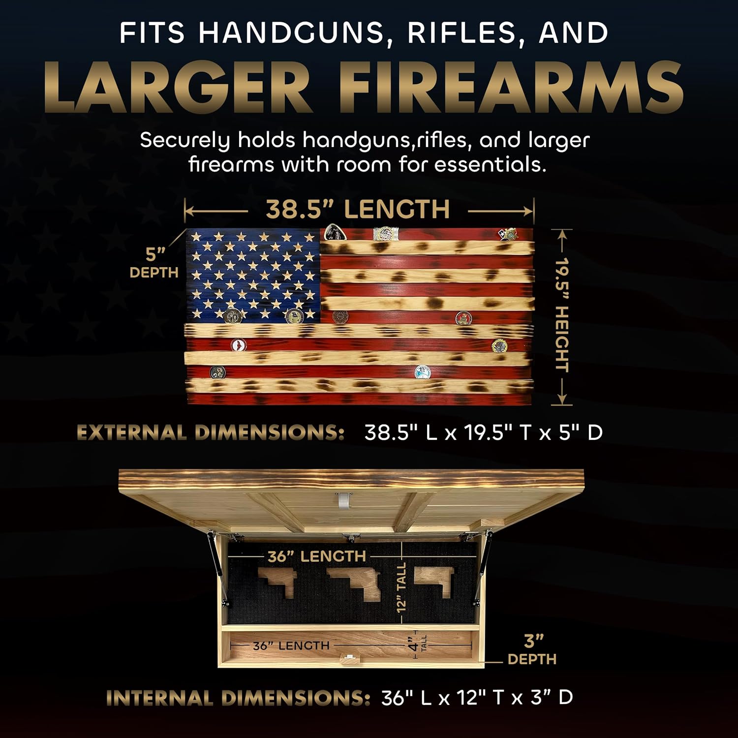 American Flag Challenge Coin Display and Hidden Gun Cabinet, Military Coin Holder Holds 100 Coins and is Ready to Hang, Large US Flag Patriotic Art 38.5