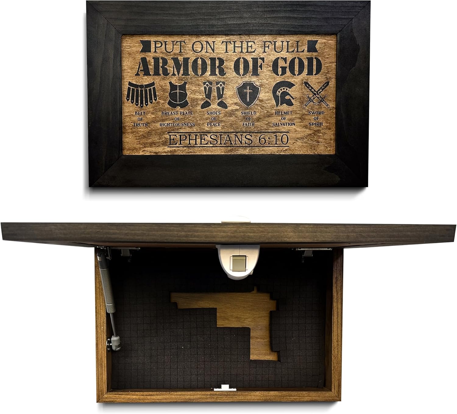 Hidden Gun Cabinet Put On The Full Armor Of God, Secure Concealed Ephesians 6:10 Gun Safe by Bellewood Designs