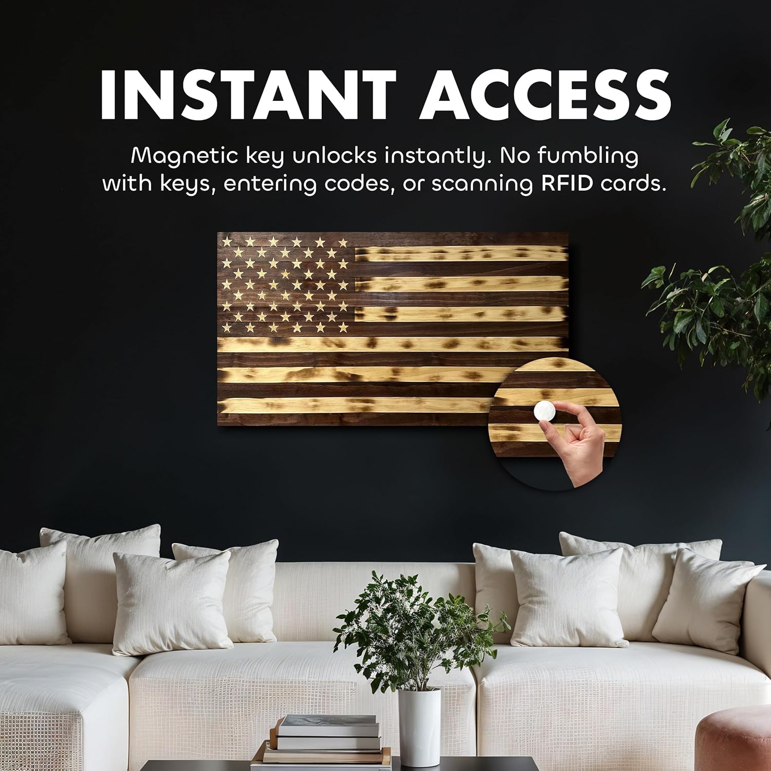 Large American Flag Gun Safe - Quick Access Hidden Gun Safe for Rifles, Shotguns, & Handguns - Gun Concealment Furniture with Magnetic Lock - Gun Self Hidden Storage (Red Mahogany)