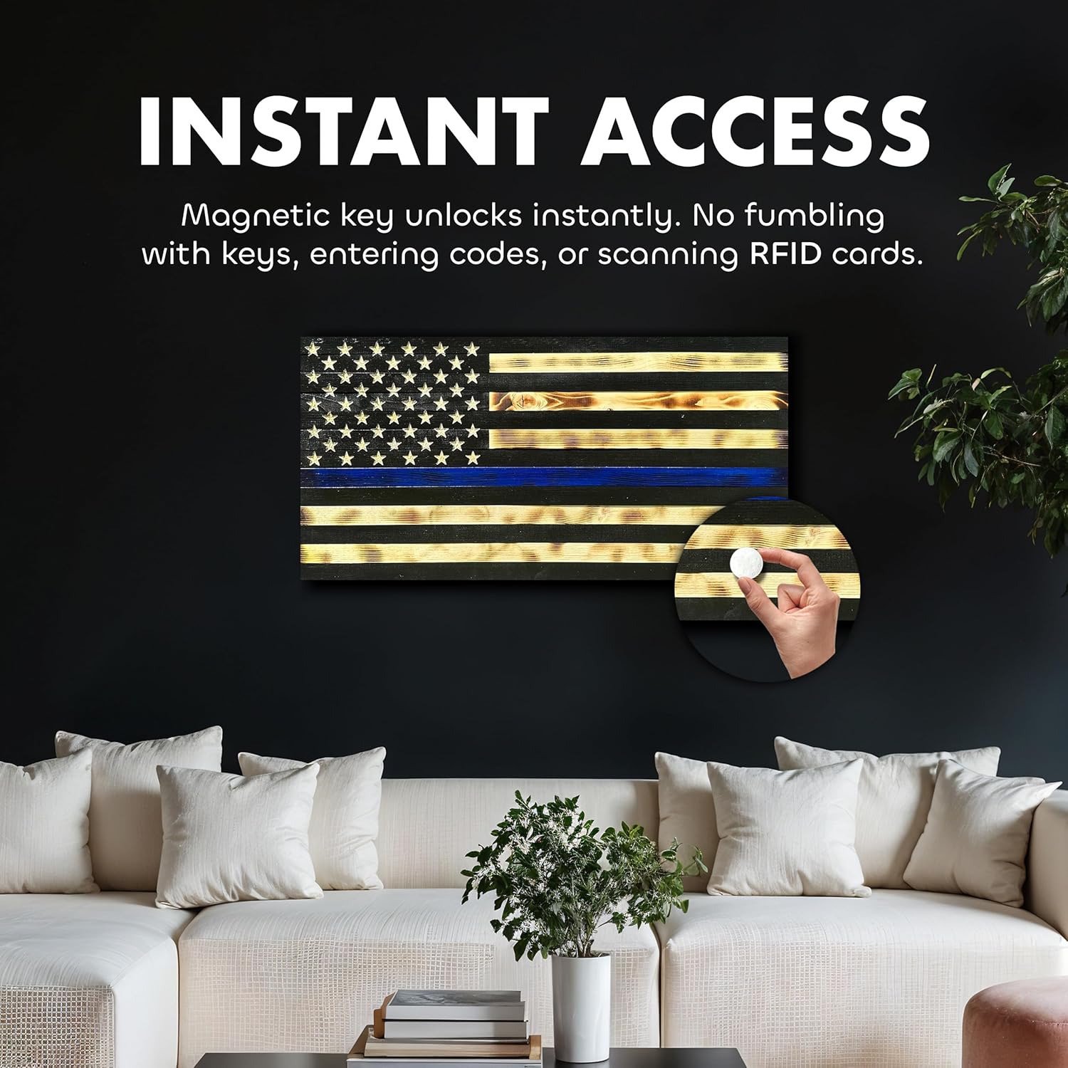 Large Thin Blue Line American Flag Gun Safe - Quick Access Hidden Gun Safe for Rifles, Shotguns, & Handguns - Gun Concealment Furniture with Magnetic Lock - Gun Self Hidden Storage (Blue Line)