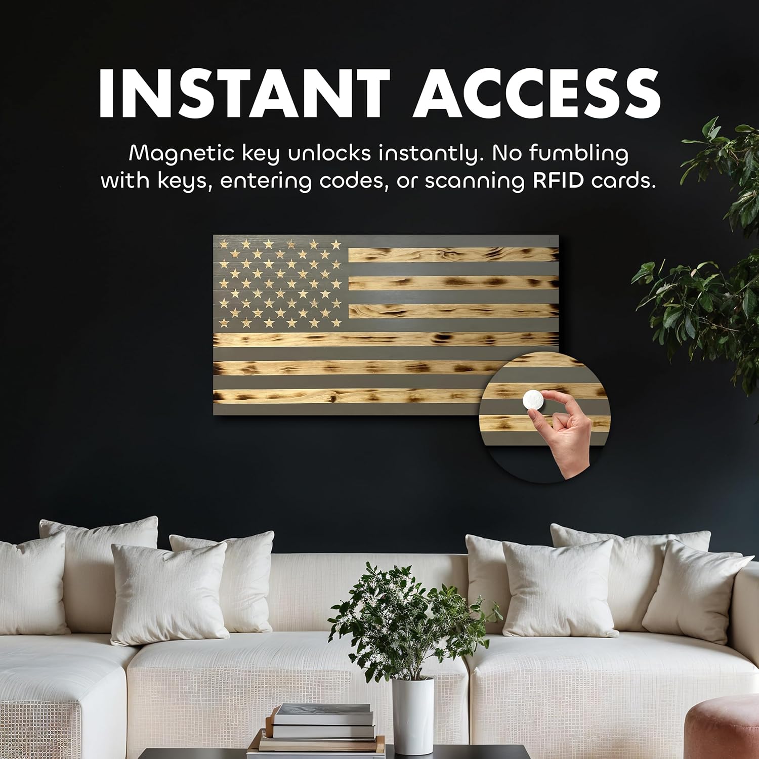 Large American Flag Gun Safe - Quick Access Hidden Gun Safe for Rifles, Shotguns, & Handguns - Gun Concealment Furniture with Magnetic Lock - Gun Self Hidden Storage (Gray)