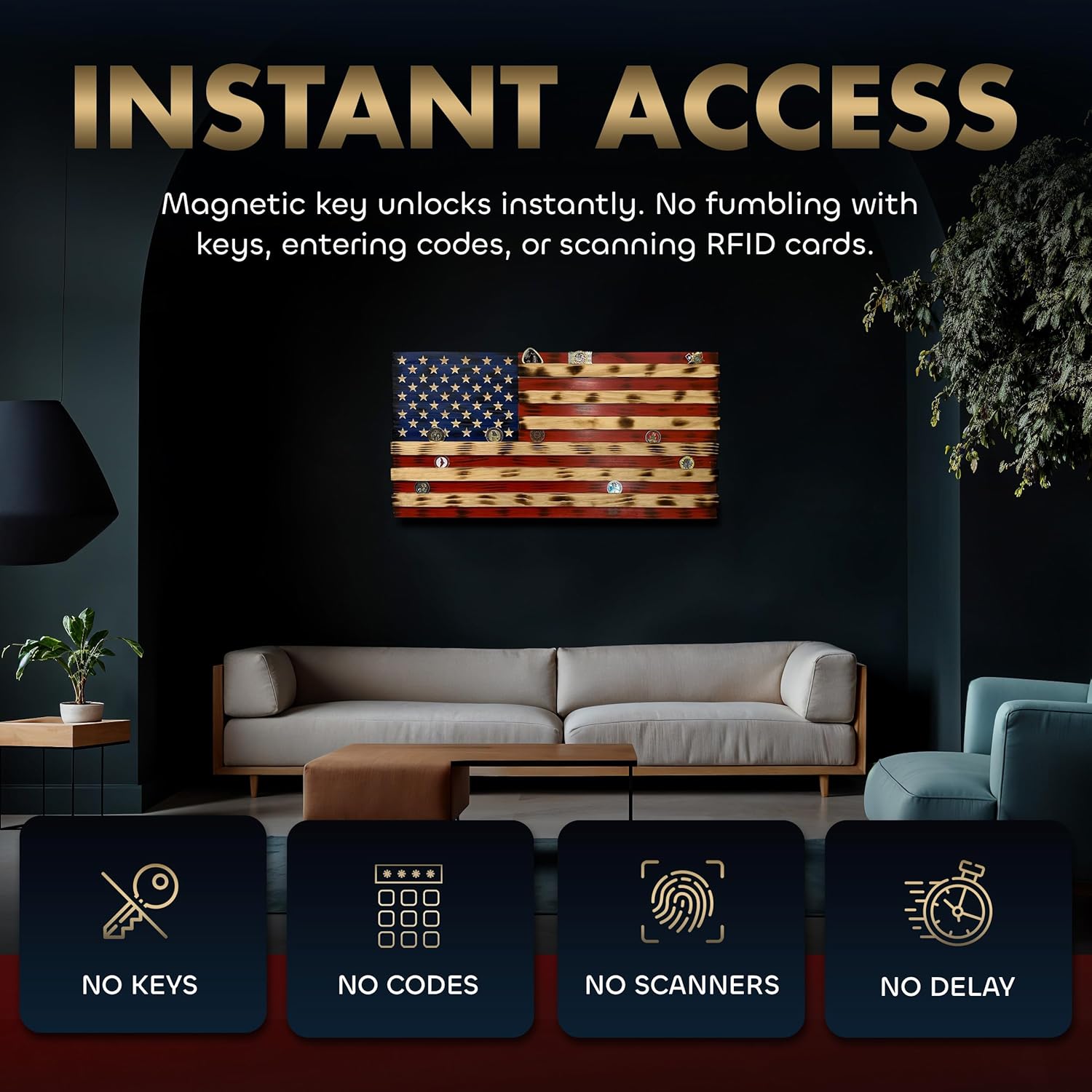 American Flag Challenge Coin Display and Hidden Gun Cabinet, Military Coin Holder Holds 100 Coins and is Ready to Hang, Large US Flag Patriotic Art 38.5