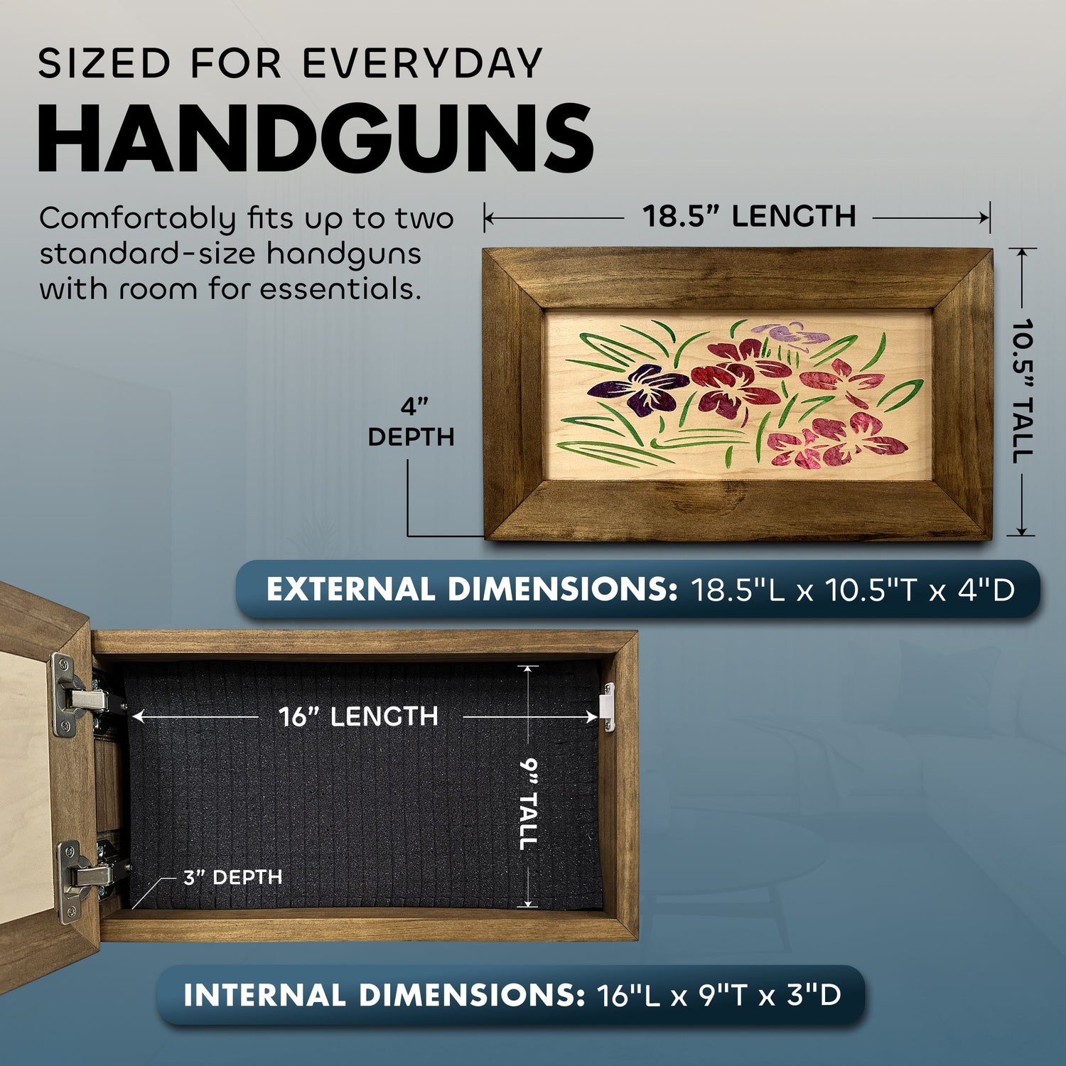 Just Flowers Hidden Gun Storage Wall Decor - Handcrafted Gun Concealment Furniture - Quick Access Handgun Safe with Magnetic Lock - Secure Hidden Wall Safe - USA Made