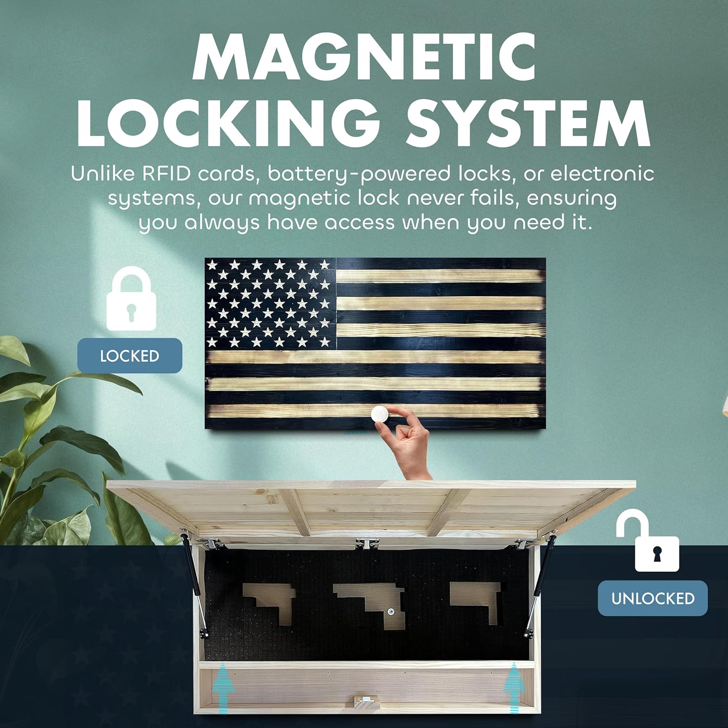 Large American Flag Gun Safe - Quick Access Hidden Gun Safe for Rifles, Shotguns, & Handguns - Gun Concealment Furniture with Magnetic Lock - Gun Self Hidden Storage (Black)