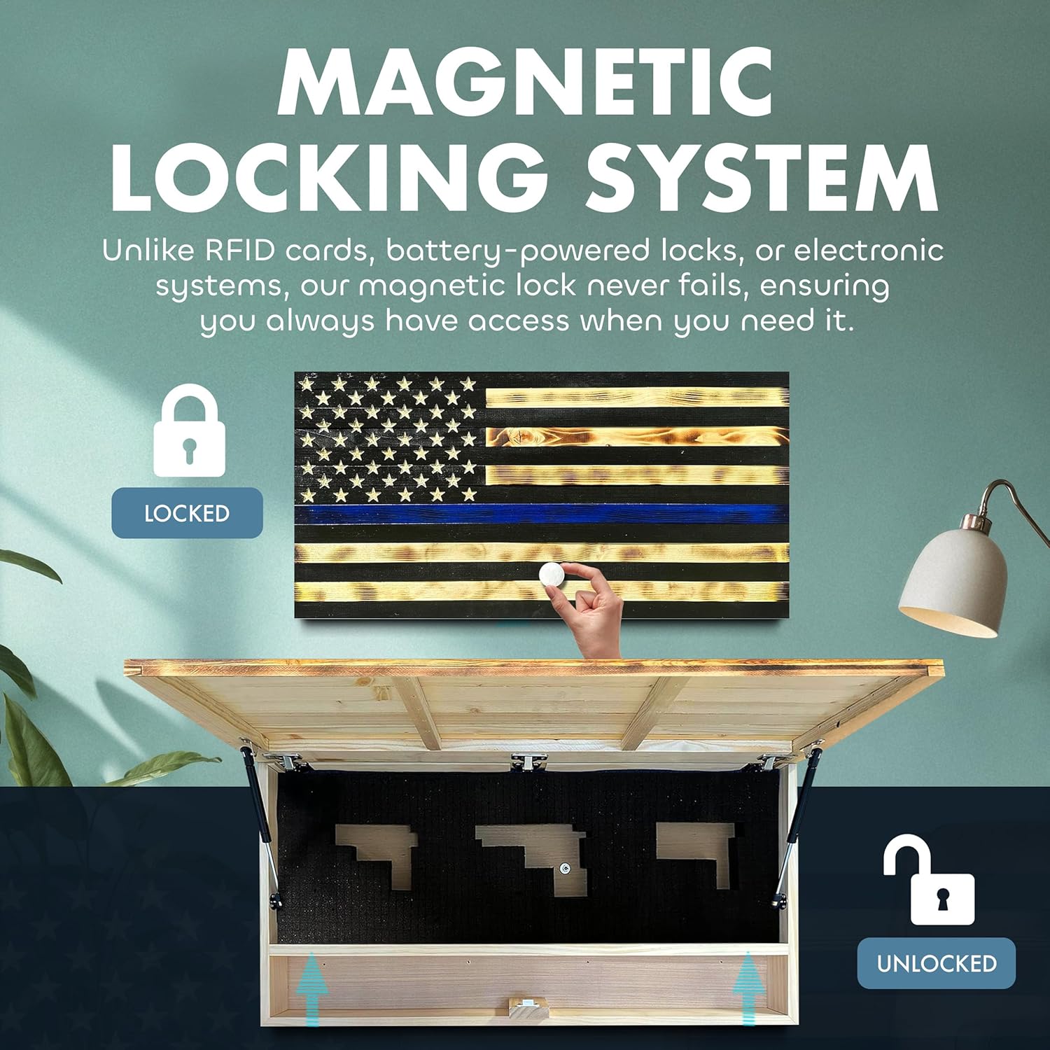 Large Thin Blue Line American Flag Gun Safe - Quick Access Hidden Gun Safe for Rifles, Shotguns, & Handguns - Gun Concealment Furniture with Magnetic Lock - Gun Self Hidden Storage (Blue Line)