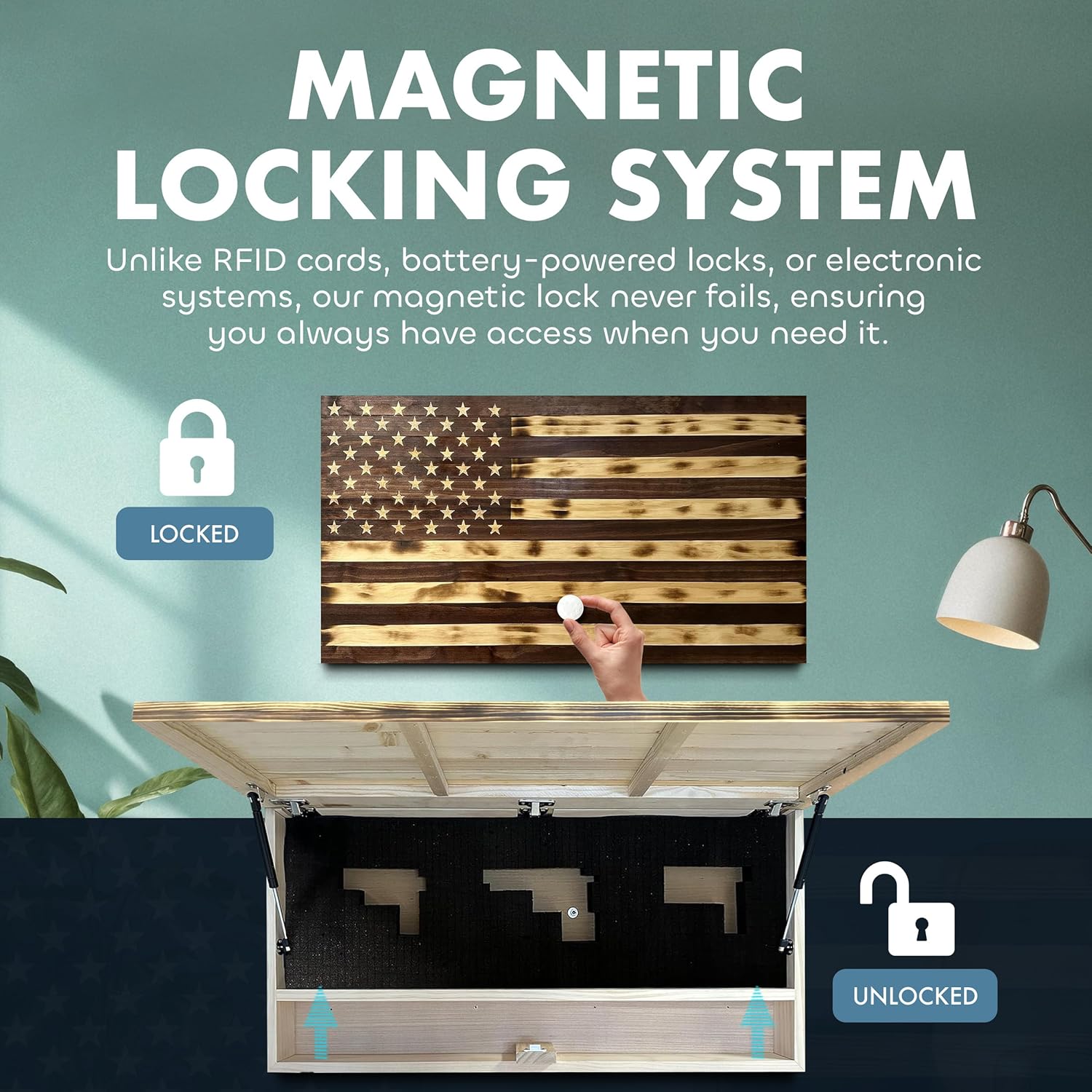 Large American Flag Gun Safe - Quick Access Hidden Gun Safe for Rifles, Shotguns, & Handguns - Gun Concealment Furniture with Magnetic Lock - Gun Self Hidden Storage (Red Mahogany)