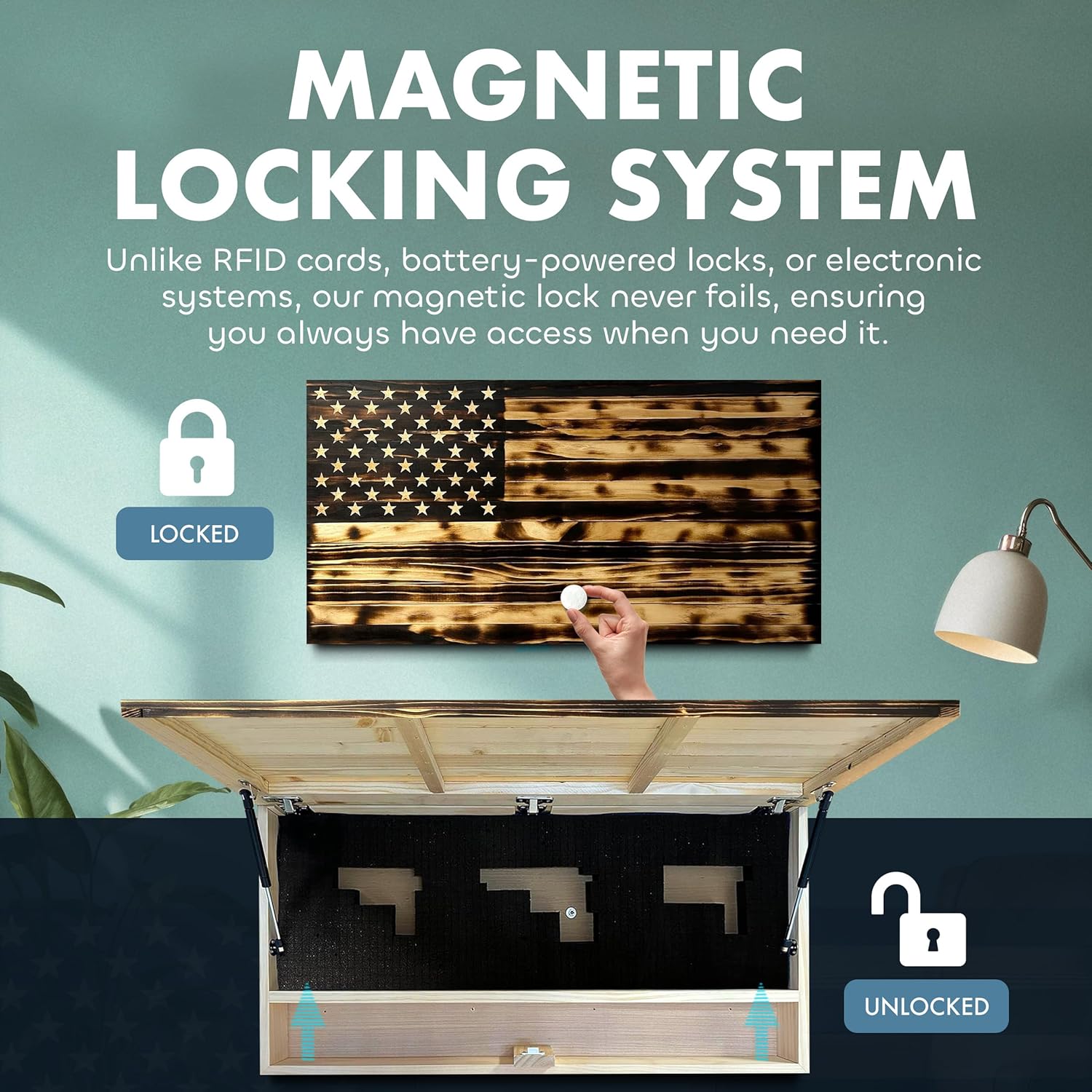 Large American Flag Gun Safe - Quick Access Hidden Gun Safe for Rifles, Shotguns, & Handguns - Gun Concealment Furniture with Magnetic Lock - Gun Self Hidden Storage (Burnt)