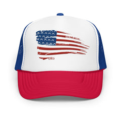 Red, White and Blue, Patriotic Flag Trucker Hat for Women by Girls with Guns