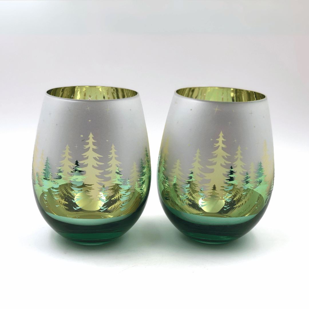 Green Pine Tree Stemless Wine Glasses