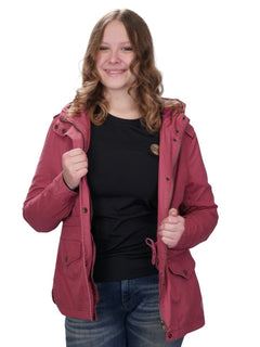 Lady wearing Girls with Guns Secret Sadie Concealed Carry Jacket in Burgundy.