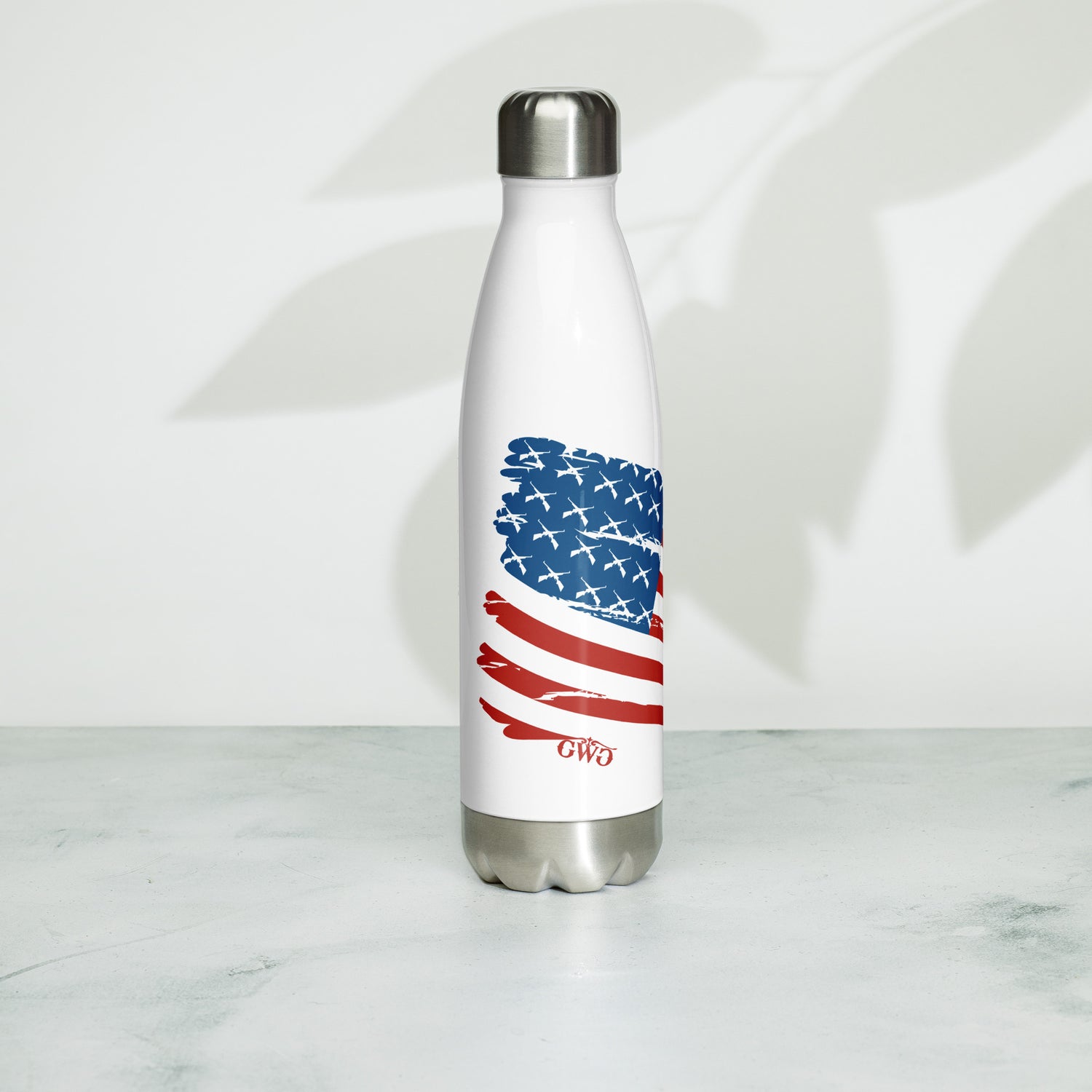 Liberty Legacy US Flag Stainless Steel Water Bottle by Girls with Guns in white- front