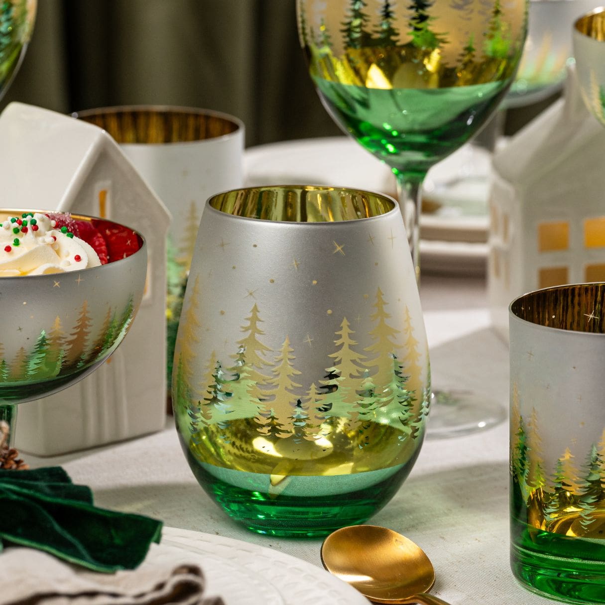 Green Pine Tree Stemless Wine Glasses