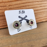 Headstamp Bullet Studs with .38 Special Casing in Amethyst. Unique Handmade One-of-a-kind, custom jewelry by Sarah's Jewelry Designs