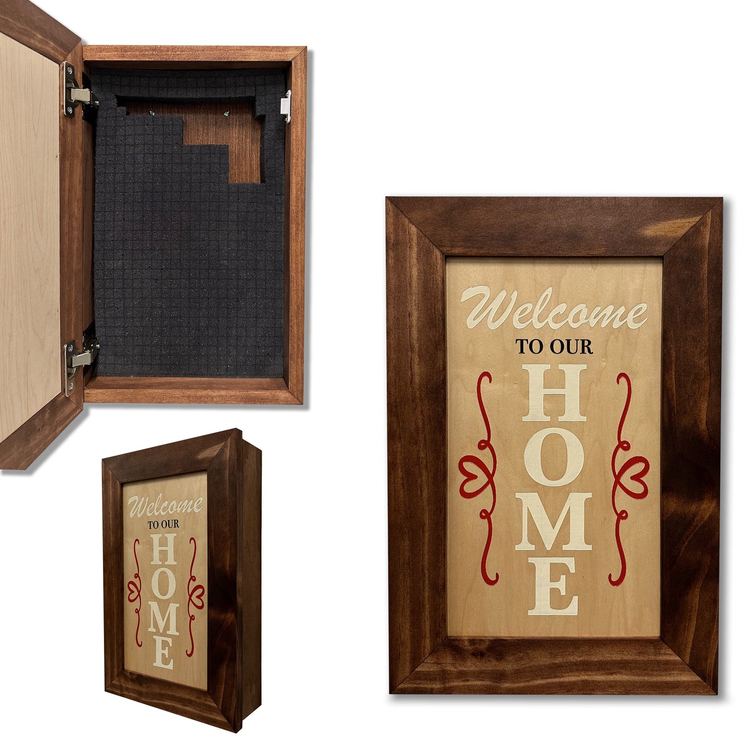 Hidden Gun Storage Cabinet Welcome to Our Home, Red Oak, Concealed Pistol Safe, Concealment Furniture, Handmade in the USA, Home Self Defense