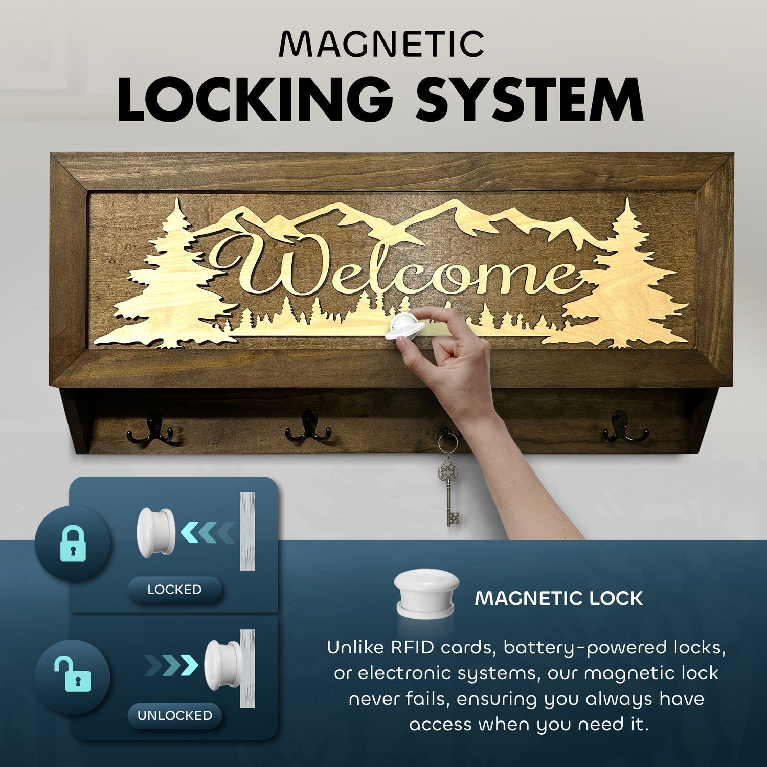 Mountain Scene Welcome Concealment Decor - Handcrafted Wooden Gun Cabinets - Gun Shelf Hidden Storage for Rifles, Shotguns, & Handguns - Quick Access Hidden Wall Safe
