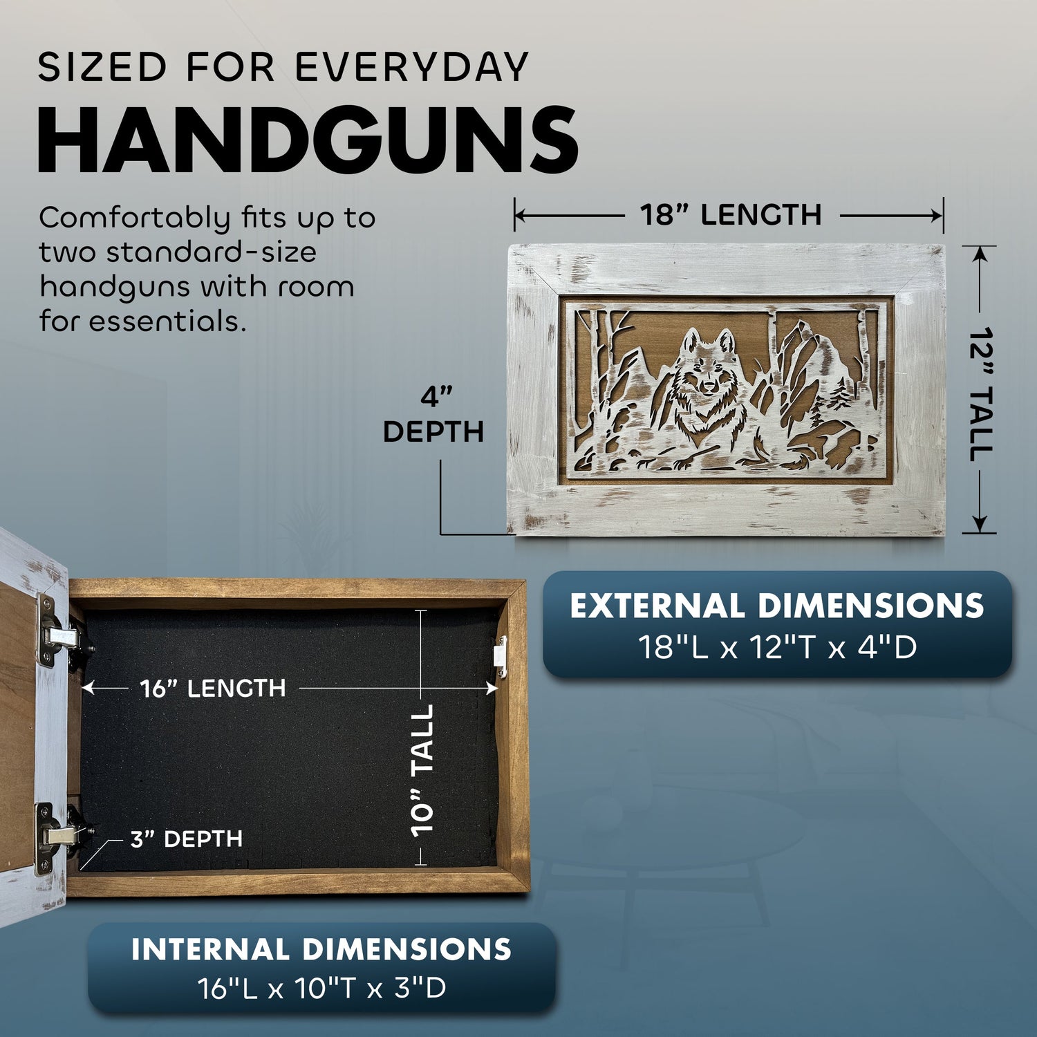 White Wolf Gun Concealment Furniture - Handcrafted Hidden Gun Storage Wall Decor - Hidden Gun Shelf with Magnetic Lock for Quick Access