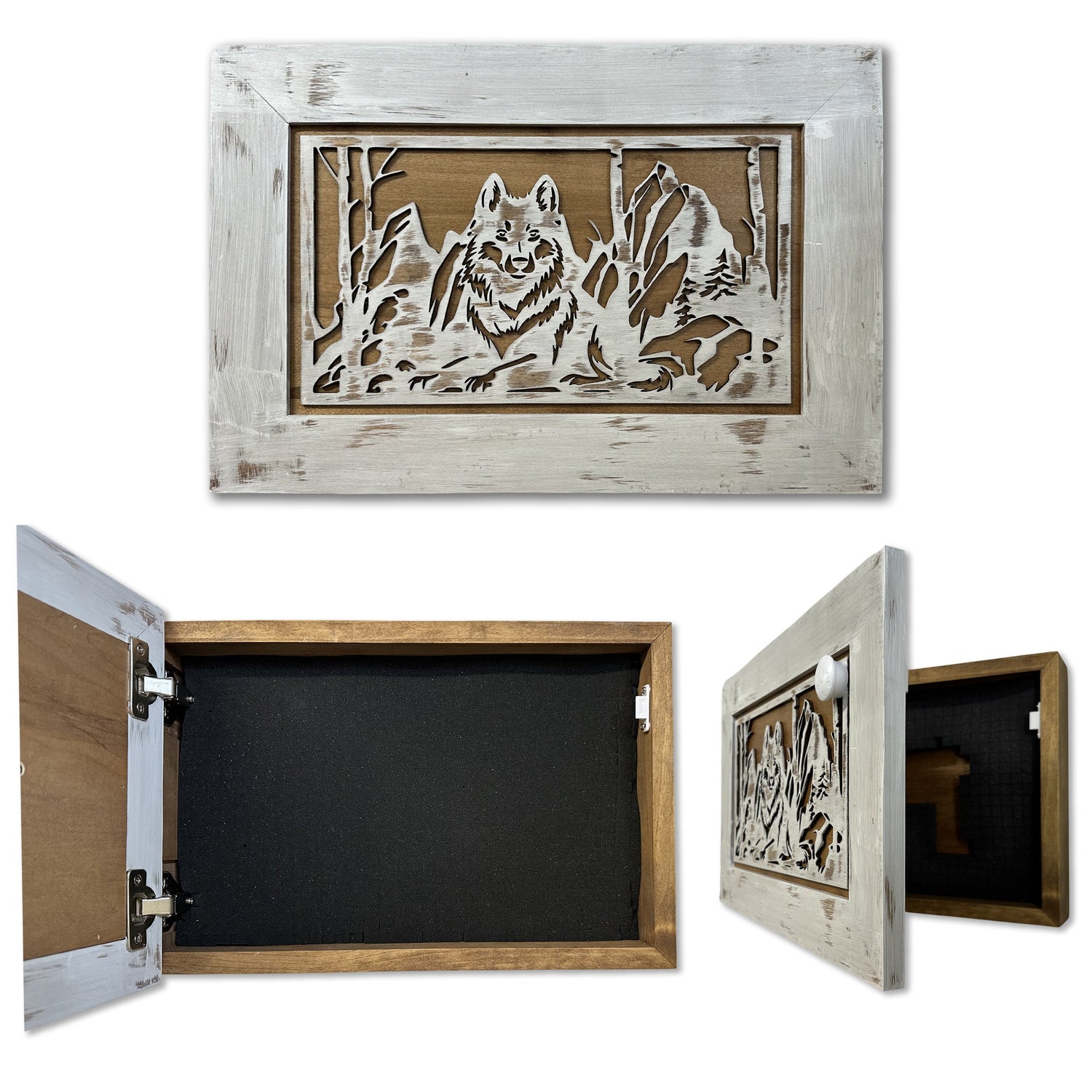 White Wolf Gun Concealment Furniture - Handcrafted Hidden Gun Storage Wall Decor - Hidden Gun Shelf with Magnetic Lock for Quick Access