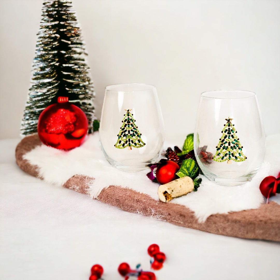 Bedazzled Christmas Tree Stemless Wine Glasses