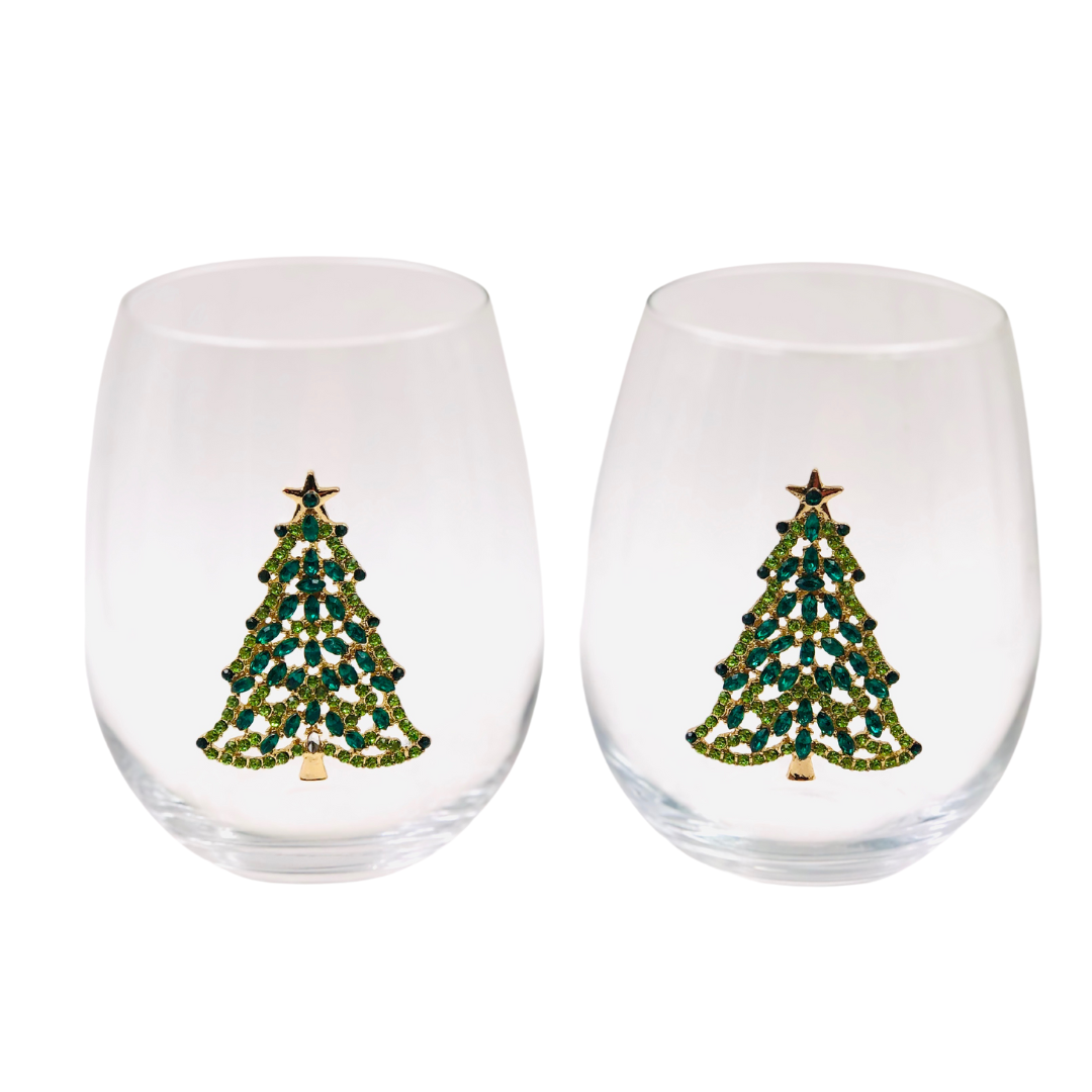 Bedazzled Christmas Tree Stemless Wine Glasses