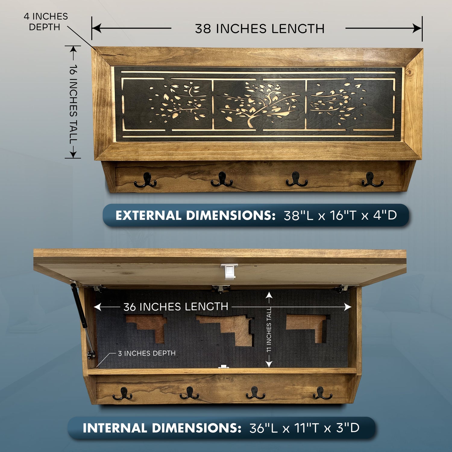 Family Tree Coat Rack Gun Concealment Decor - Handcrafted Wooden Gun Cabinets - Gun Shelf Hidden Storage for Rifles, Shotguns, & Handguns - Quick Access Hidden Wall Safe