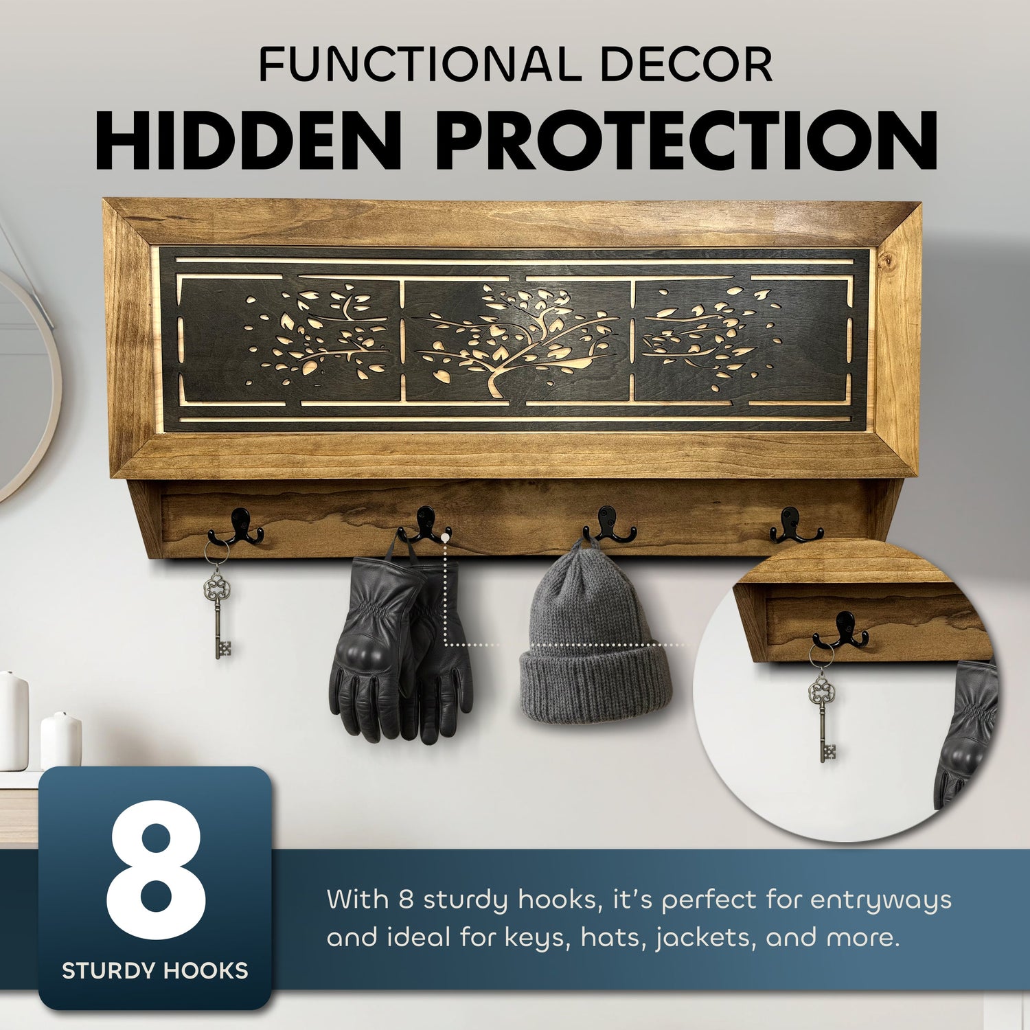 Family Tree Coat Rack Gun Concealment Decor - Handcrafted Wooden Gun Cabinets - Gun Shelf Hidden Storage for Rifles, Shotguns, & Handguns - Quick Access Hidden Wall Safe